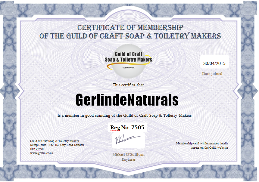 Certificate of Membership of the Guild of Craft Soap and Toiletry Makers